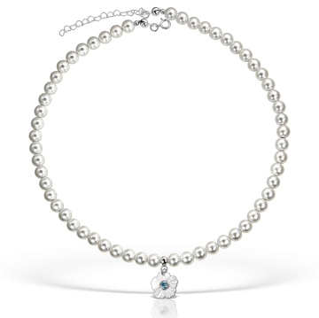 Colier perle si floricica din argint, piatra aquamarin, lungime 35 - 40 cm