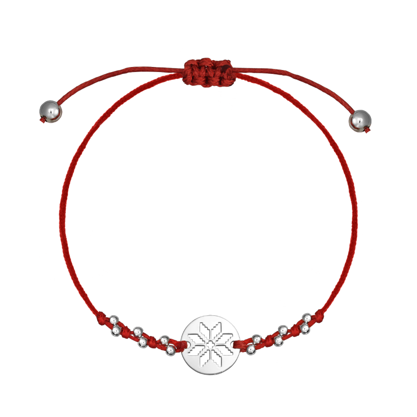 Bratara snur rosu cu margele, motiv traditional floral, argint 925