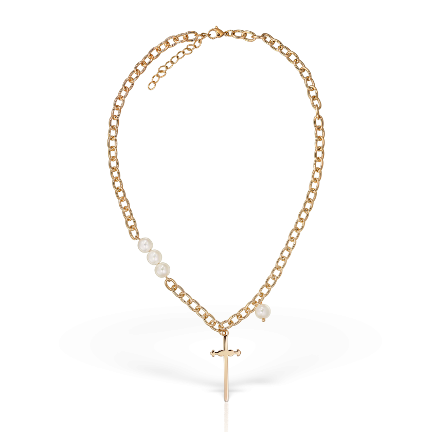 Colier Cross and Pearls, placat cu aur de 14K