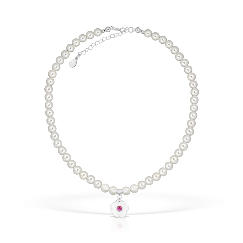 Colier perle si floricica din argint, rubin, lungime 35 - 40 cm
