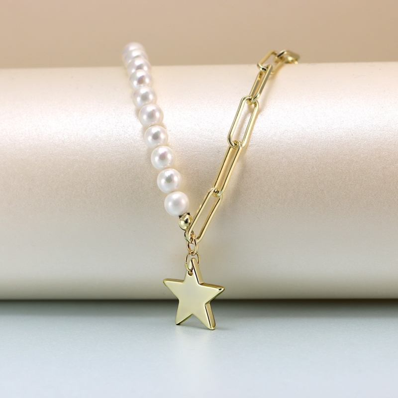 Colier perle mother of pearl, lant si steluta placate cu aur de 14K, 40 - 45 cm