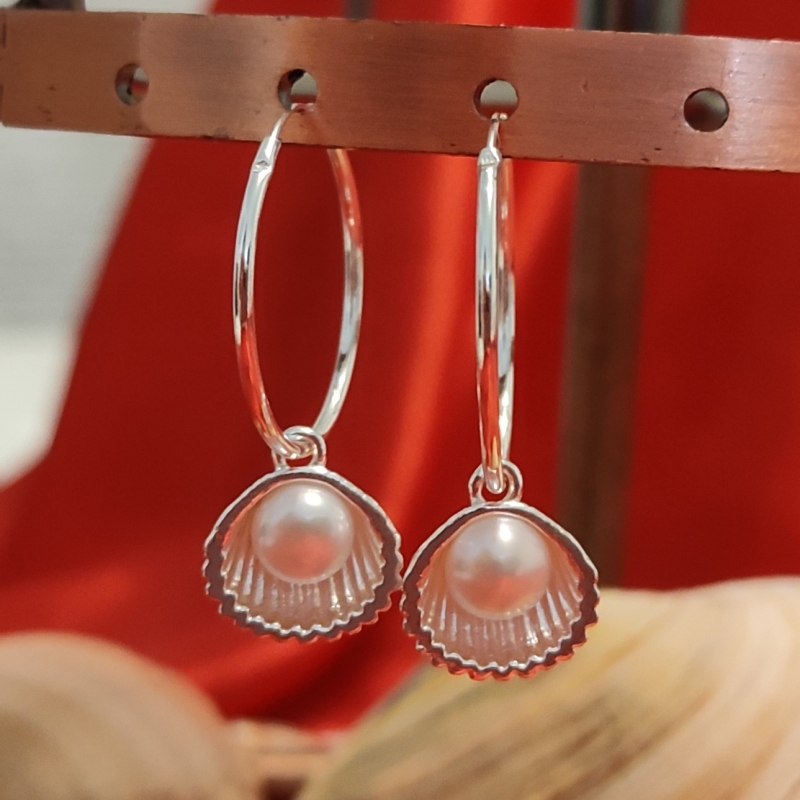 Cercei Lolit din argint, cercuri si scoici cu perle naturale