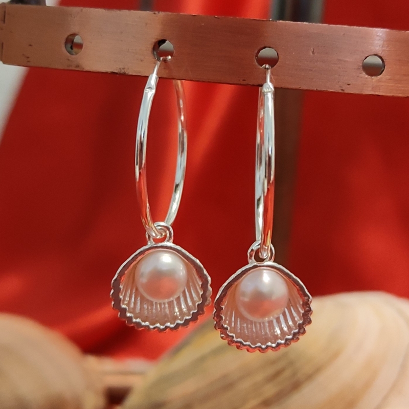 Cercei Lolit din argint, cercuri si scoici cu perle naturale