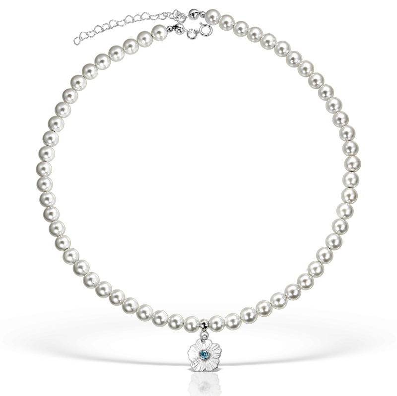Colier perle si floricica din argint, piatra aquamarin, lungime 35 - 40 cm
